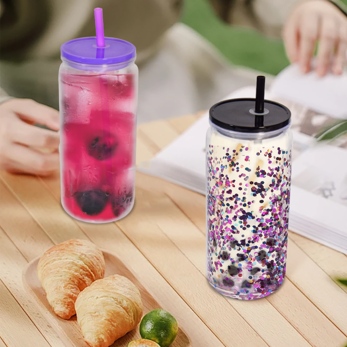 AGH US 25pcs 20OZ Plastic double wall Snow globe acrylic cups tumbler with lids and straw