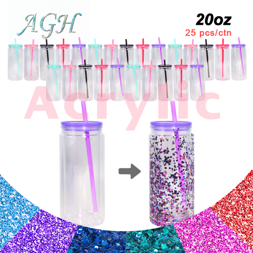 AGH US 25pcs 20OZ Plastic double wall Snow globe acrylic cups tumbler with lids and straw