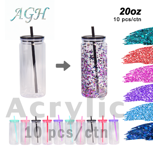 AGH US New 10pcs 25pcs/carton 20OZ Snow globe acrylic tumbler double wall plastic cups with lids and straws