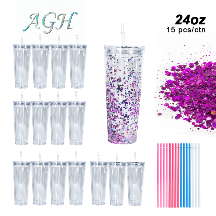 AGH US 24OZ plastic Double-wall  tumbler Snow globe acrylic cup tumbler with clear lids and coloring straw 15pcs/carton