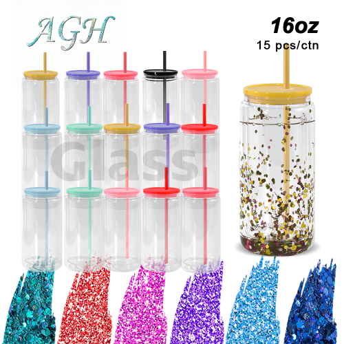 AGH US New 15pcs/carton 16OZ Snow Globe Double Wall Colorful Sublimation Glass Beer Can With Pre Drilled Hole And Plugs