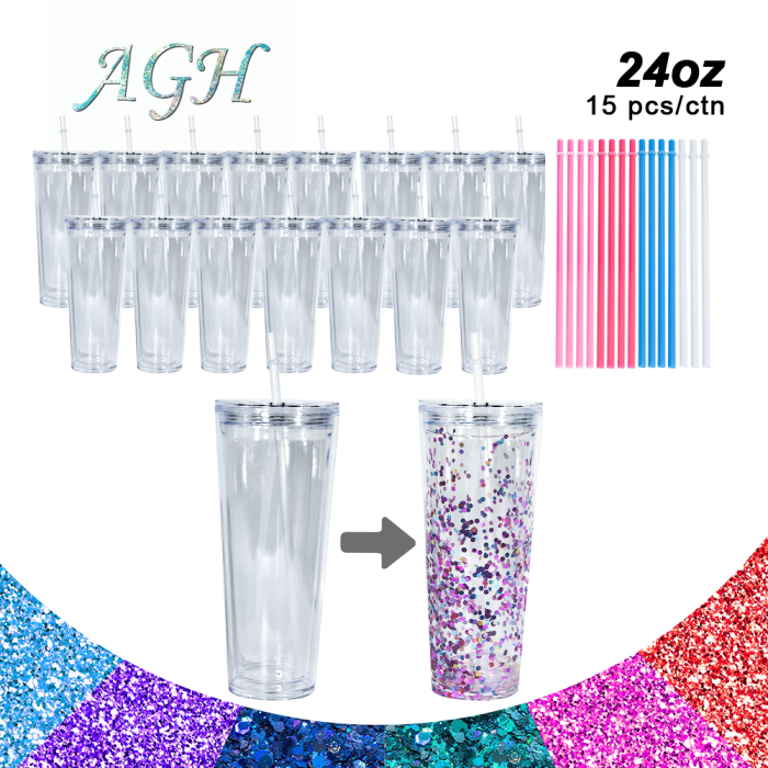 AGH US 24OZ plastic Double-wall  tumbler Snow globe acrylic cup tumbler with clear lids and coloring straw 15pcs/carton