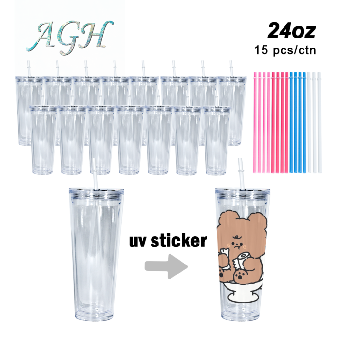 AGH US 24OZ plastic Double-wall  tumbler Snow globe acrylic cup tumbler with clear lids and coloring straw 15pcs/carton