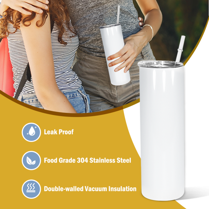 AGH US 10pcs/carton 20 OZ Flat edge sublimation blanks straight tumbler with plastic straw metal straw and rubber bottom