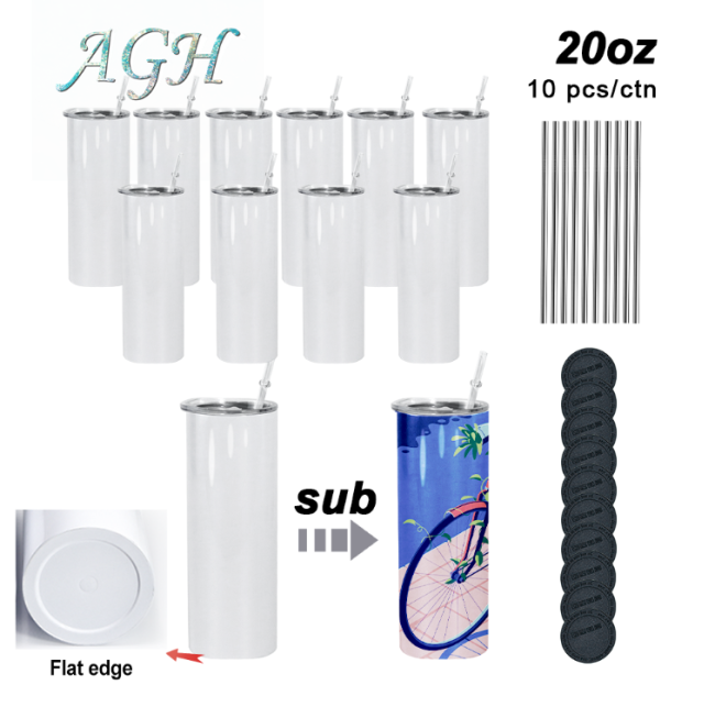 AGH US 10pcs/carton 20 OZ Flat edge sublimation blanks straight tumbler with plastic straw metal straw and rubber bottom