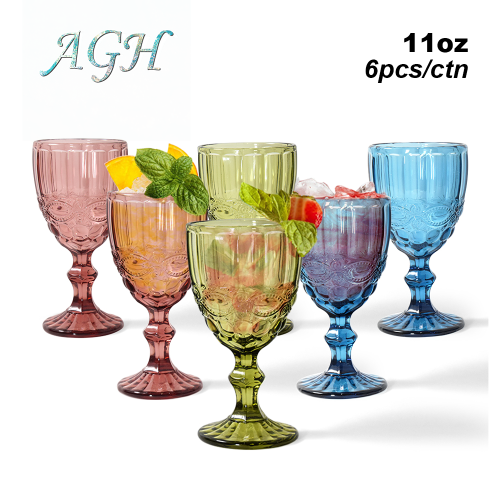 AGH 6Pack 11oz Vintage Drinking Glasses Set Glass Vintage Wine Glass Cup Goblets Mixed Color Cocktails Wine Gatherings Birthday Parties