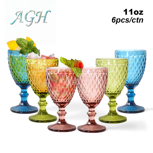 AGH 6Pack 11oz Vintage Drinking Glasses Set Glass Vintage Wine Glass Cup Goblets Mixed Color Cocktails Wine Gatherings Birthday Parties