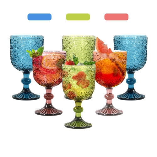 Glasses Drinking Wine Water Goblets Glassware set of 6 Vintage Stemware 12 Ounces for Wedding Party Bar Floral Pattern 350 ml