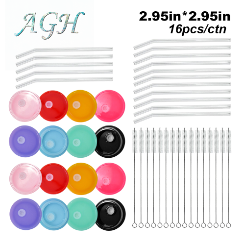 AGH 16pcs Mixed Color Lids & Glass Straw & Straw Brush for 16 oz Cups Accessories