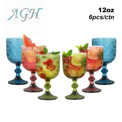 Glasses Drinking Wine Water Goblets Glassware set of 6 Vintage Stemware 12 Ounces for Wedding Party Bar Floral Pattern 350 ml