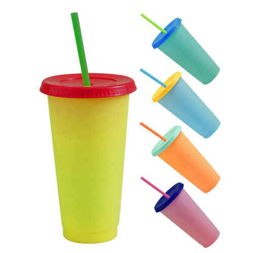 Color Changing Cups with Lids and Straws 20pcs, 24oz - Reusable Cups with Lids in 5 Multicolors - Perfect for Cold Coffee, Smoothie etc.