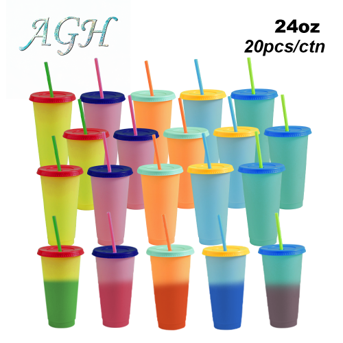 Color Changing Cups with Lids and Straws 20pcs, 24oz - Reusable Cups with Lids in 5 Multicolors - Perfect for Cold Coffee, Smoothie etc.