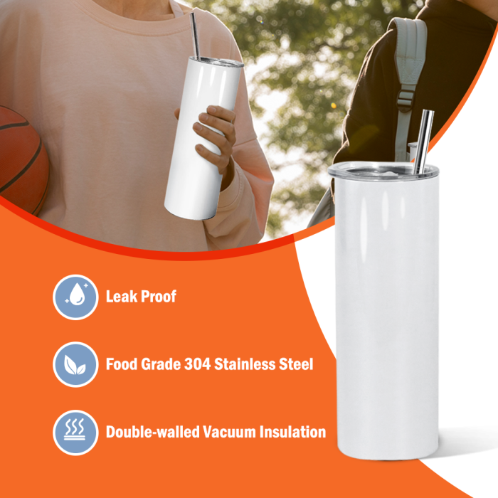 AGH US 10pcs DIYI SET 20 OZ Round edge sublimation blanks straight tumbler with plastic straw, metal straw, rubber bottom and flim wrap