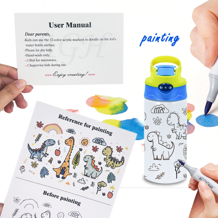 AGH US 10pcs 12OZ ‘Drawing Painting’ cups Stainless steel kids tumbler with flip handle lids mixed 5-colors, with 12-colors acrylic maker