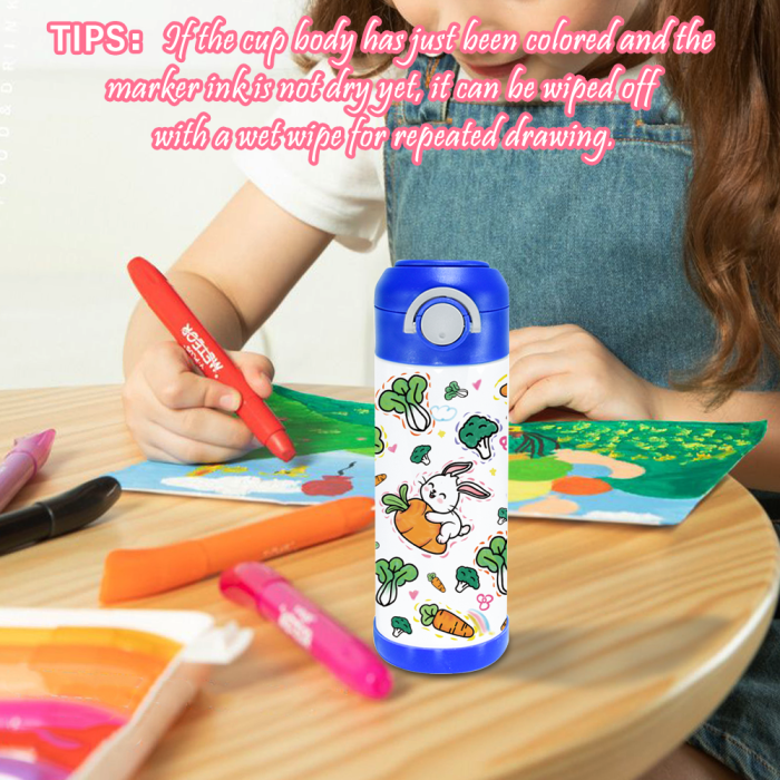 AGH US 10pcs ‘Drawing Painting’  kids water bottle matte surface Stainless steel kids tumbler with mixed 6-coloring handle lids, 12-colors acrylic maker