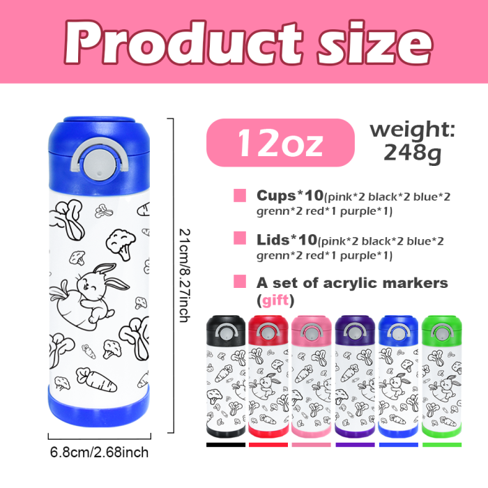 AGH US 10pcs ‘Drawing Painting’  kids water bottle matte surface Stainless steel kids tumbler with mixed 6-coloring handle lids, 12-colors acrylic maker