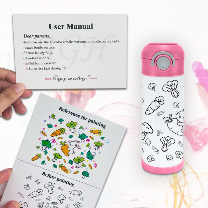 AGH US 10pcs ‘Drawing Painting’  kids water bottle matte surface Stainless steel kids tumbler with mixed 6-coloring handle lids, 12-colors acrylic maker
