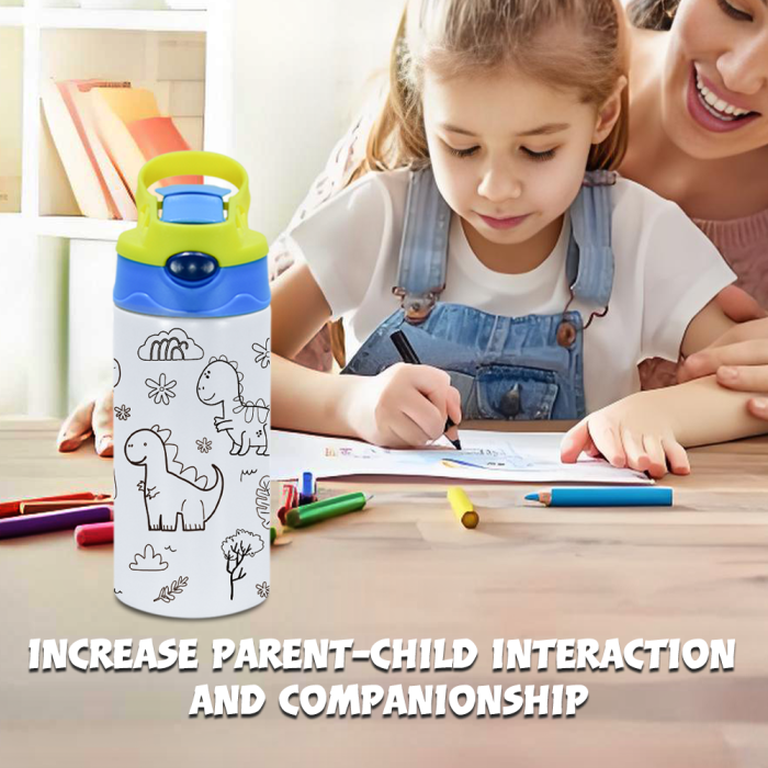 AGH US 10pcs 12OZ ‘Drawing Painting’ cups Stainless steel kids tumbler with flip handle lids mixed 5-colors, with 12-colors acrylic maker