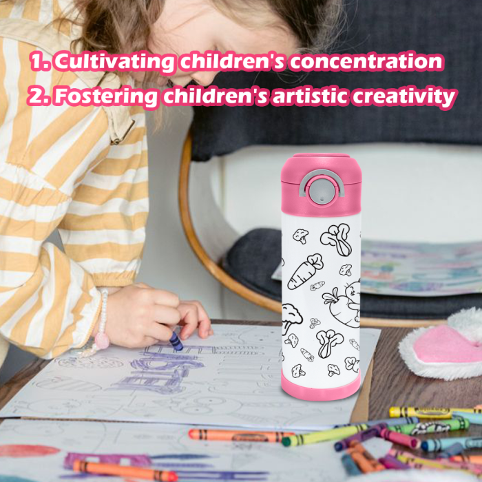 AGH US 10pcs ‘Drawing Painting’  kids water bottle matte surface Stainless steel kids tumbler with mixed 6-coloring handle lids, 12-colors acrylic maker