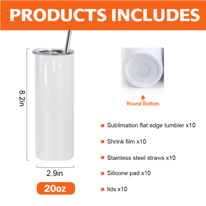 AGH US 10pcs DIYI SET 20 OZ Round edge sublimation blanks straight tumbler with plastic straw, metal straw, rubber bottom and flim wrap