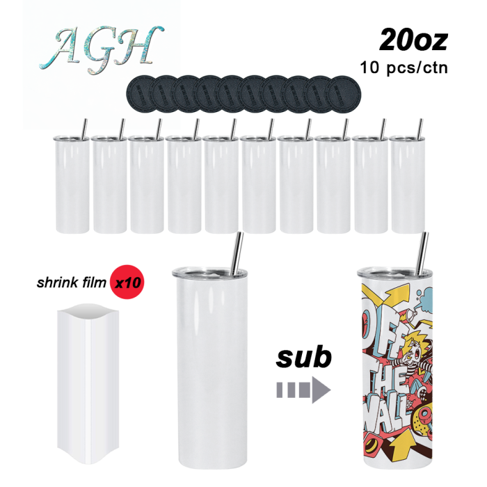 AGH US 10pcs DIYI SET 20 OZ Round edge sublimation blanks straight tumbler with plastic straw, metal straw, rubber bottom and flim wrap