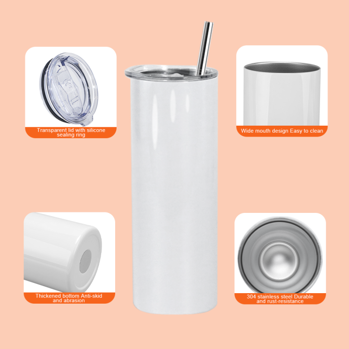 AGH US 10pcs DIYI SET 20 OZ Round edge sublimation blanks straight tumbler with plastic straw, metal straw, rubber bottom and flim wrap