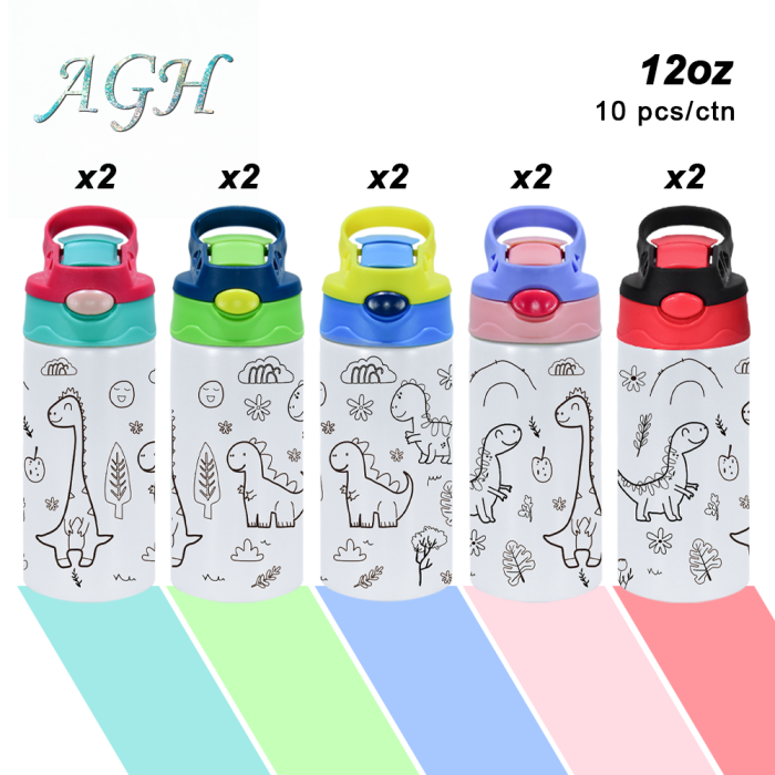 AGH US 10pcs 12OZ ‘Drawing Painting’ cups Stainless steel kids tumbler with flip handle lids mixed 5-colors, with 12-colors acrylic maker
