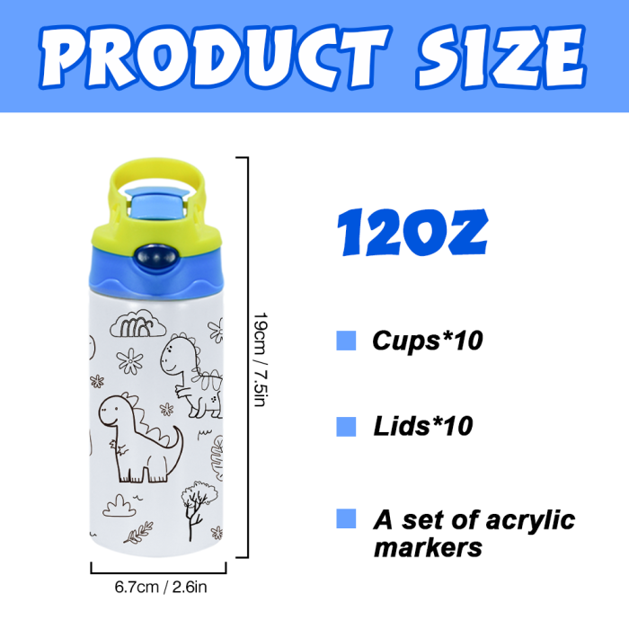 AGH US 10pcs 12OZ ‘Drawing Painting’ cups Stainless steel kids tumbler with flip handle lids mixed 5-colors, with 12-colors acrylic maker