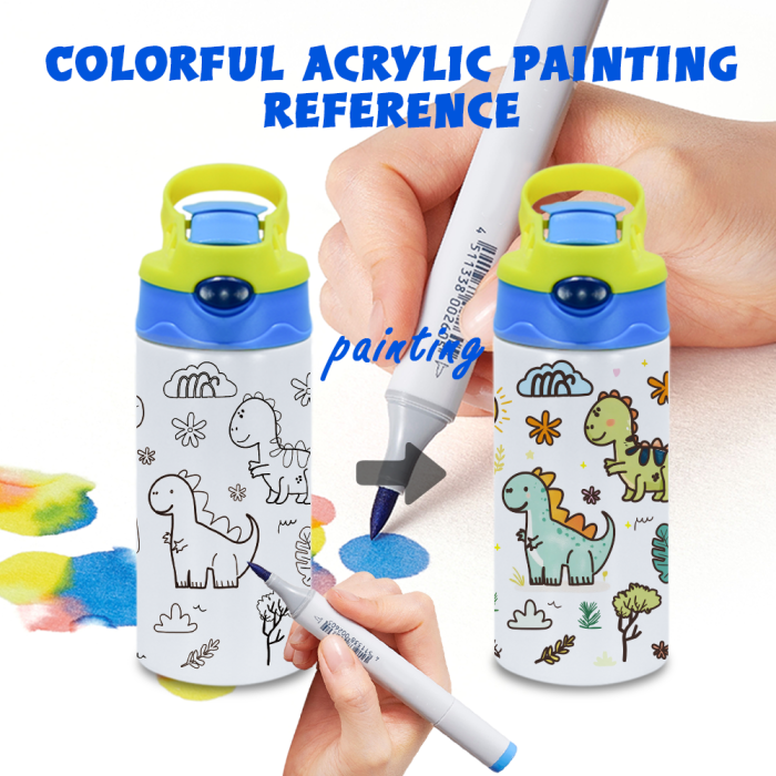 AGH US 10pcs 12OZ ‘Drawing Painting’ cups Stainless steel kids tumbler with flip handle lids mixed 5-colors, with 12-colors acrylic maker