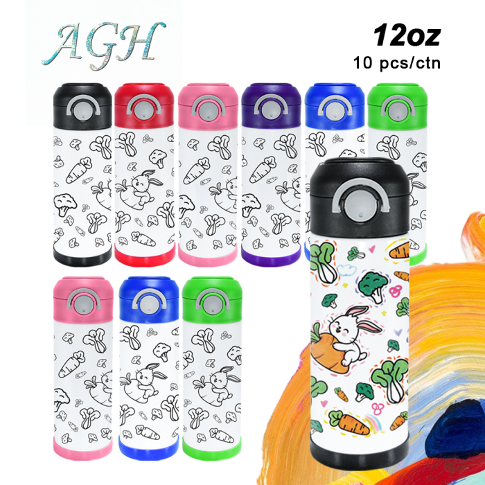 AGH US 10pcs ‘Drawing Painting’  kids water bottle matte surface Stainless steel kids tumbler with mixed 6-coloring handle lids, 12-colors acrylic maker