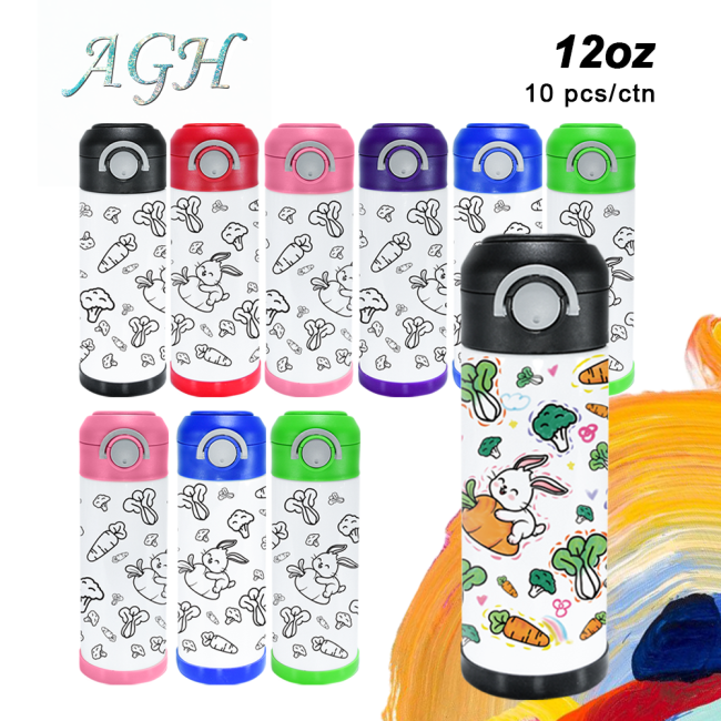 AGH US 10pcs ‘Drawing Painting’ kids water bottle matte surface Stainless steel kids tumbler with mixed 6-coloring handle lids, 12-colors acrylic maker