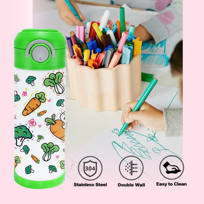 AGH US 10pcs ‘Drawing Painting’  kids water bottle matte surface Stainless steel kids tumbler with mixed 6-coloring handle lids, 12-colors acrylic maker