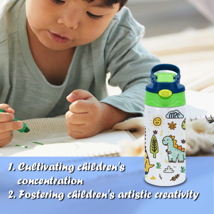 AGH US 10pcs 12OZ ‘Drawing Painting’ cups Stainless steel kids tumbler with flip handle lids mixed 5-colors, with 12-colors acrylic maker