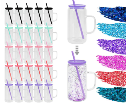 China Warehouse AGH 25pcs 20oz Snow Globe Glass Handle Tumbler with Color Lids and Diamond Studded Lids(Please contact me to confirm the color before placing your order)