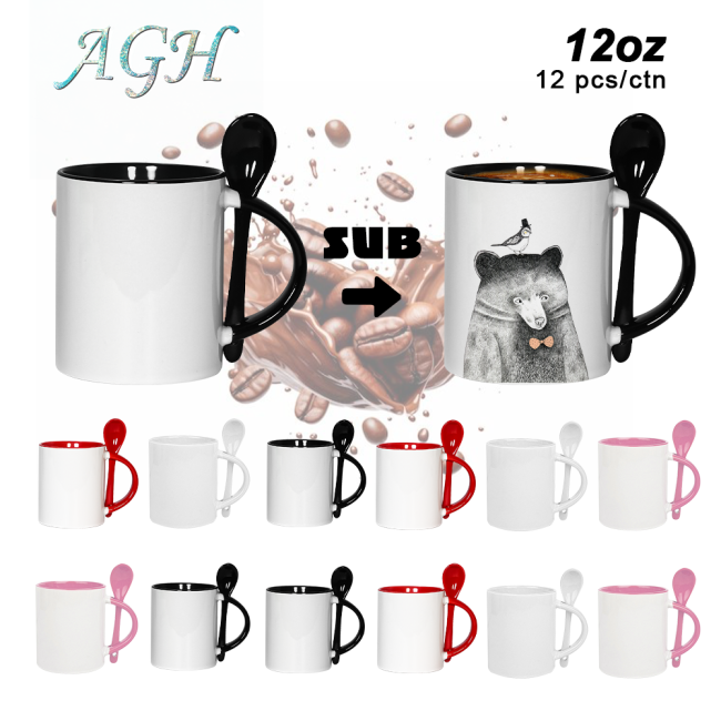AGH US 12OZ Ceramic Sublimation blank coffee mug with tea spoon 12pcs/carton for custom diy Halloween Christmas Valentine's decor