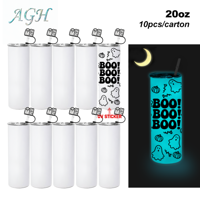 AGH US Halloween UVDTF Special Exclusive 20OZ Sublimation GLOWING TO DARK GREEN/ BLUE Straight Tumbler with UV Stickers and Silicone Topper Cover For DIY GIFT Halloween Party decor