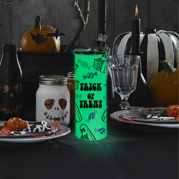 AGH US Halloween UVDTF Special Exclusive 20OZ Sublimation GLOWING TO DARK GREEN/ BLUE Straight Tumbler with UV Stickers and Silicone Topper Cover For DIY GIFT Halloween Party decor
