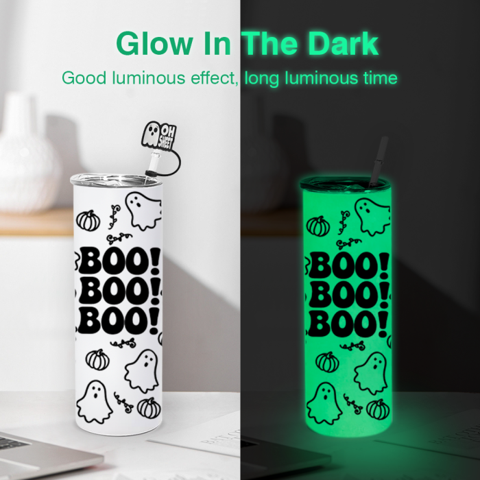 AGH US Halloween UVDTF Special Exclusive 20OZ Sublimation GLOWING TO DARK GREEN/ BLUE Straight Tumbler with UV Stickers and Silicone Topper Cover For DIY GIFT Halloween Party decor