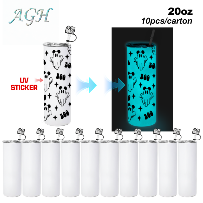 AGH US Halloween UVDTF Special Exclusive 20OZ Sublimation GLOWING TO BLUE Straight Tumbler with UV Stickers and Silicone Topper