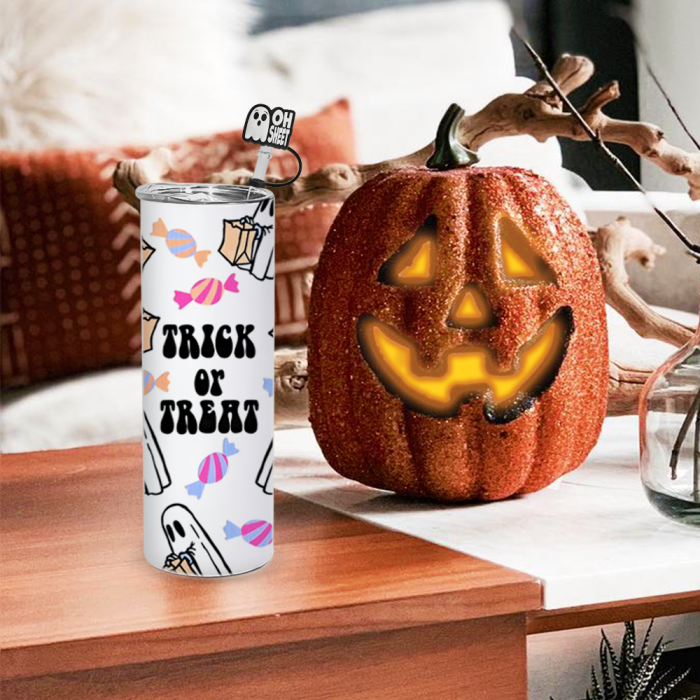AGH US Halloween UVDTF Special Exclusive 20OZ Sublimation GLOWING TO DARK GREEN/ BLUE Straight Tumbler with UV Stickers and Silicone Topper Cover For DIY GIFT Halloween Party decor