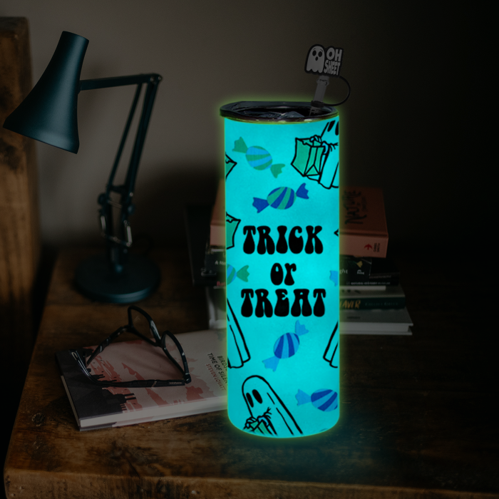 AGH US Halloween UVDTF Special Exclusive 20OZ Sublimation GLOWING TO BLUE Straight Tumbler with UV Stickers and Silicone Topper