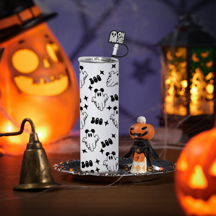 AGH US Halloween UVDTF Special Exclusive 20OZ Sublimation GLOWING TO BLUE Straight Tumbler with UV Stickers and Silicone Topper