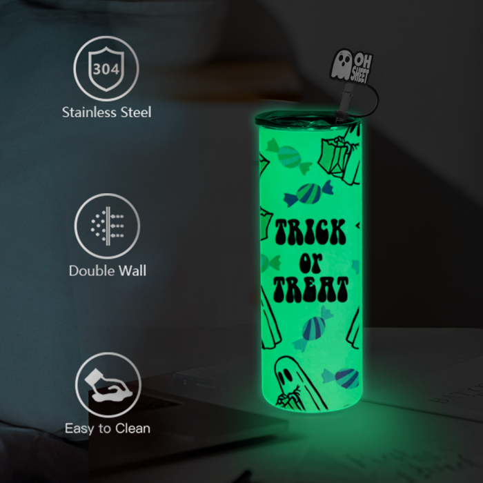 AGH US Halloween UVDTF Special Exclusive 20OZ Sublimation GLOWING TO DARK GREEN/ BLUE Straight Tumbler with UV Stickers and Silicone Topper Cover For DIY GIFT Halloween Party decor