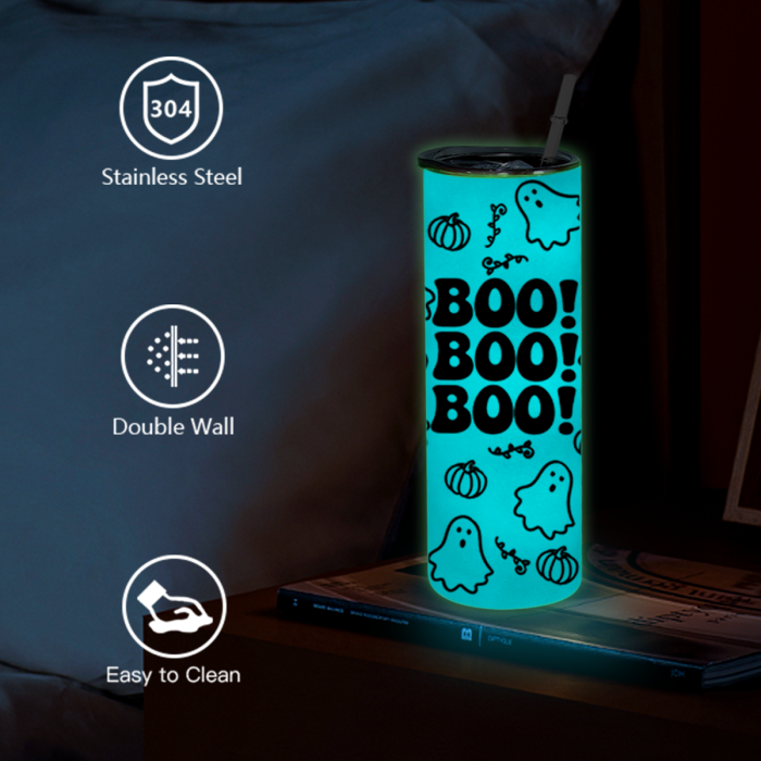AGH US Halloween UVDTF Special Exclusive 20OZ Sublimation GLOWING TO BLUE Straight Tumbler with UV Stickers and Silicone Topper