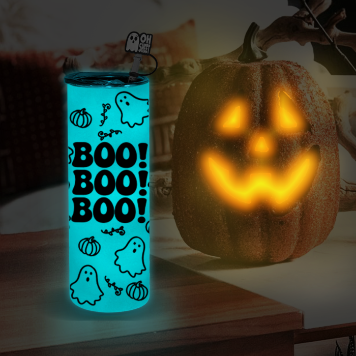 AGH US Halloween UVDTF Special Exclusive 20OZ Sublimation GLOWING TO BLUE Straight Tumbler with UV Stickers and Silicone Topper