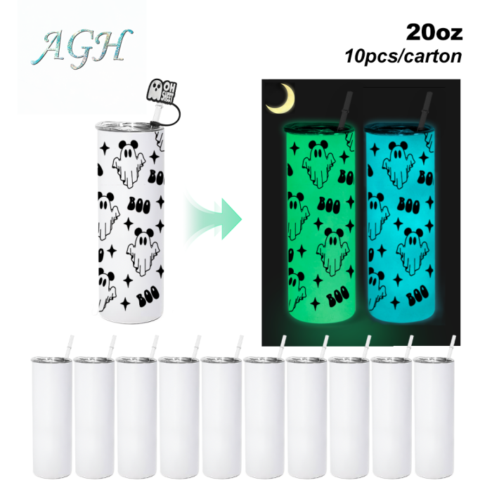 AGH US Halloween UVDTF Special Exclusive 20OZ Sublimation GLOWING TO DARK GREEN/ BLUE Straight Tumbler with UV Stickers and Silicone Topper Cover For DIY GIFT Halloween Party decor