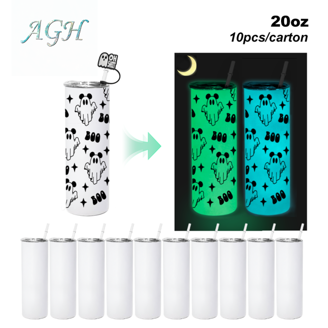 AGH US Halloween UVDTF Special Exclusive 20OZ Sublimation GLOWING TO DARK GREEN/ BLUE Straight Tumbler with UV Stickers and Silicone Topper Cover For DIY GIFT Halloween Party decor