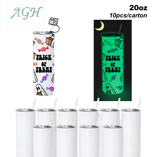 AGH US Halloween UVDTF Special Exclusive 20OZ Sublimation GLOW TO GREEN Straight Tumbler with UV Stickers and Silicone Topper