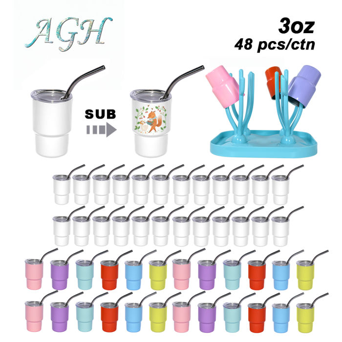 AGH US warehouse 3oz sub mini shot glass tumbler with metal straw mixed colors 48pcs/case with drying rack (sub white+ sub mixed 6-colors)