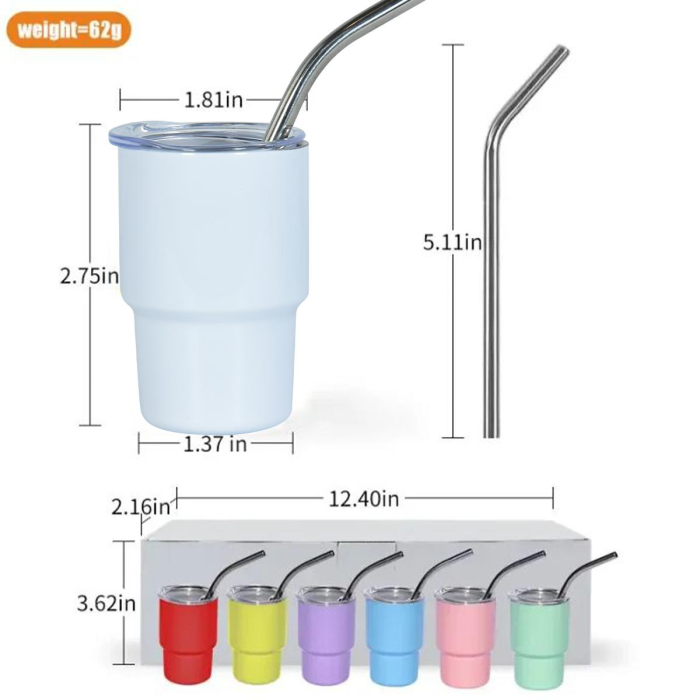 AGH US warehouse 3oz sub mini shot glass tumbler with metal straw mixed colors 48pcs/case with drying rack (sub white+ sub mixed 6-colors)